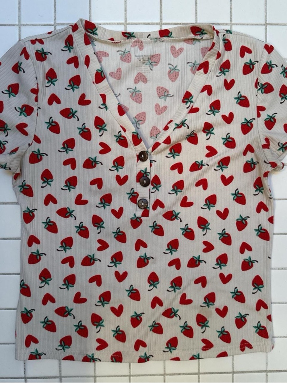 Cream Henley Tee with Red Strawberry & Heart Print
